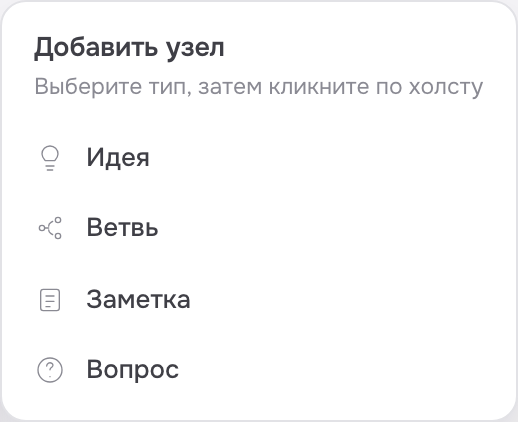 Меню «Добавить узел»: выбор типа перед кликом по холсту